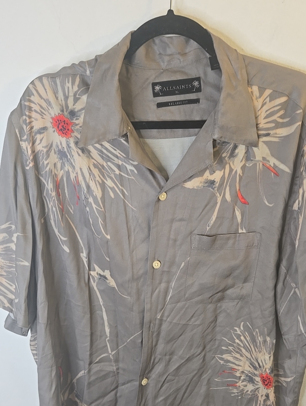 All Saints Gray Floral Short Sleeve Button-Down Shirt with Red Accents - Picture 2 of 7